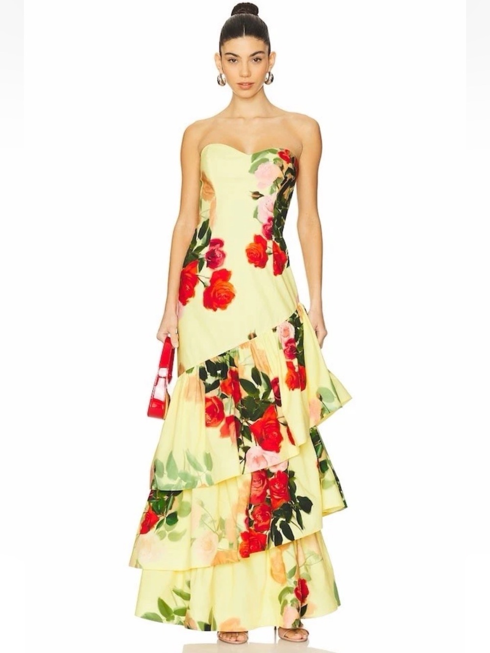 Cara Cara Yellow Strapless Floral Tiered Maxi Dress